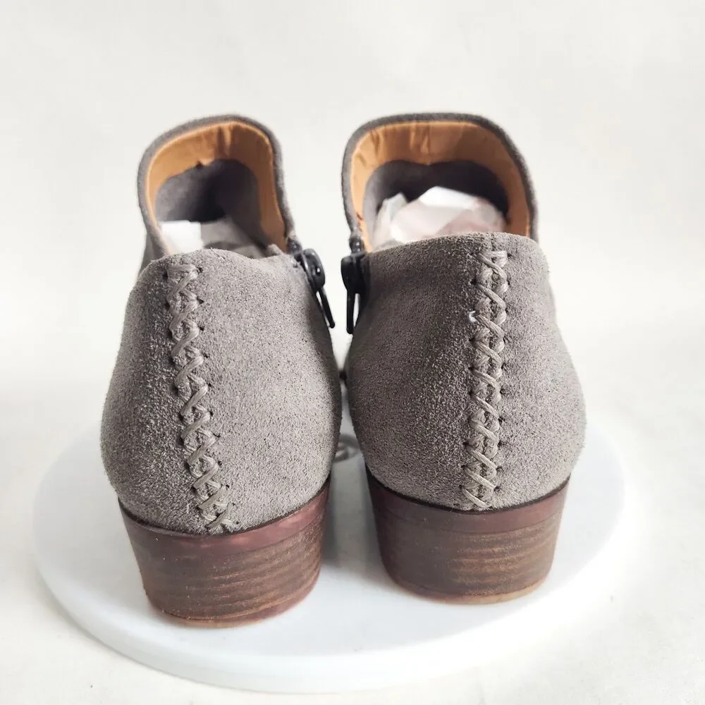 Lucky Brand Brett Gray Suede Ankle Boots Size 6 Zip Low Top‎ Boho Preppy Braided